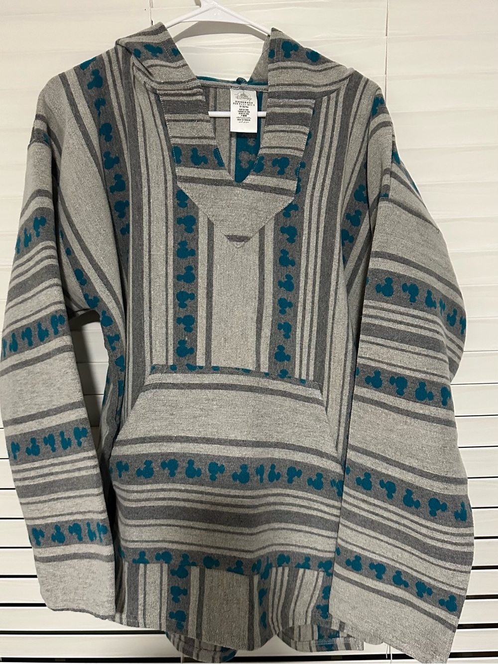 Disney Men's Hooded V-Neck Sweater in Gray with Teal Accents